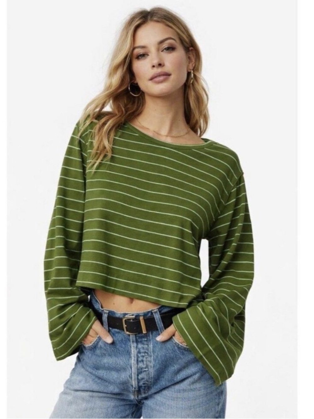 Anthropologie Green Striped Long Sleeve Tee